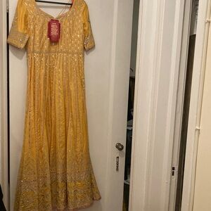 Biba Mustard Anarkali with Pink and Silver Embroidery